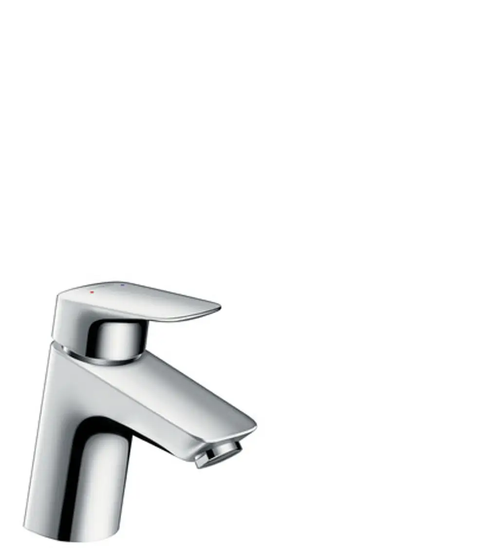 Einhebel-Waschtischmischer aus Chrom von Hansgrohe mit herausziehbarer Zugstangen-Ablaufgarnitur und einem modernen, schlichten Design für Waschtische.